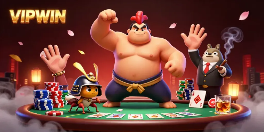 Engaging scene showcasing VIPWIN characters in a dynamic poker environment with colorful chips and cards.