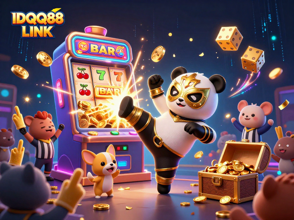 Experience the thrill of IDQQ88 LINK as a panda wrestler takes the spotlight in this vibrant casino scene.