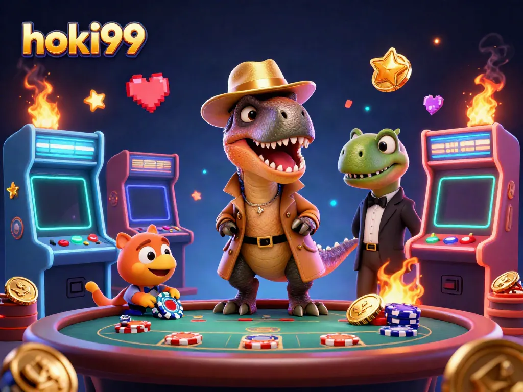 Gamer berjudi di Hoki99, velociraptor di meja blackjack dengan stegosaurus, di lingkungan kasino yang ramai.