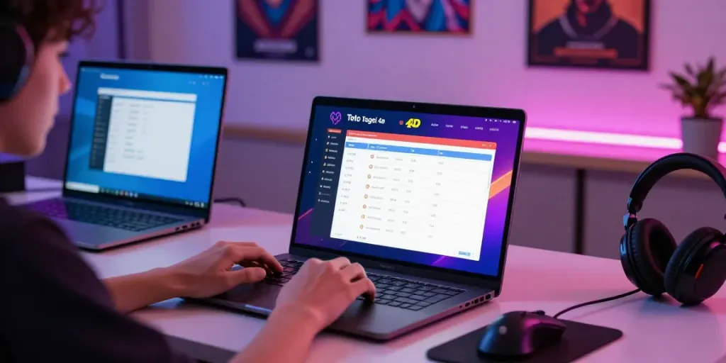 Pengguna BUNTOGEL menelusuri platform tebak angka online di laptop sambil dikelilingi aksesori gaming yang menarik.