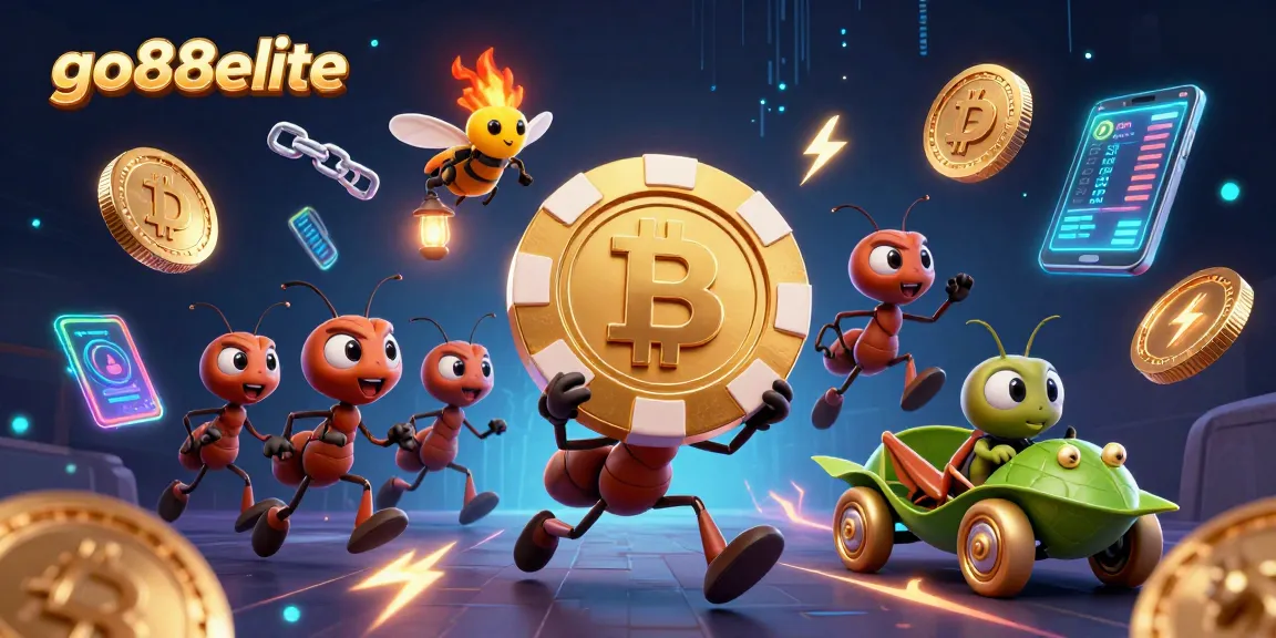 Ants carrying a golden poker chip with Bitcoin and Ethereum elements, promoting go88elite online gaming.