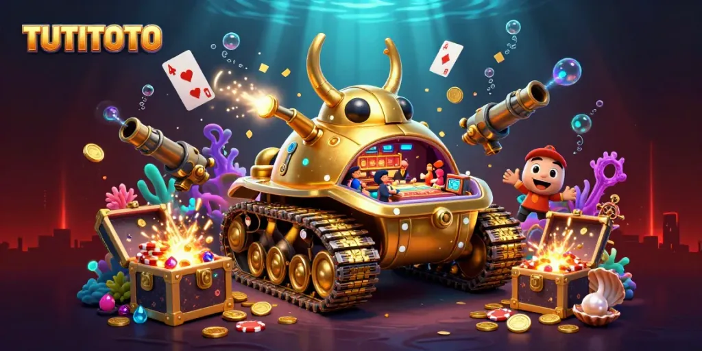 TUTITOTO showcases an enchanting 3D casino scene inside a golden beetle tank, designed for immersive gaming.