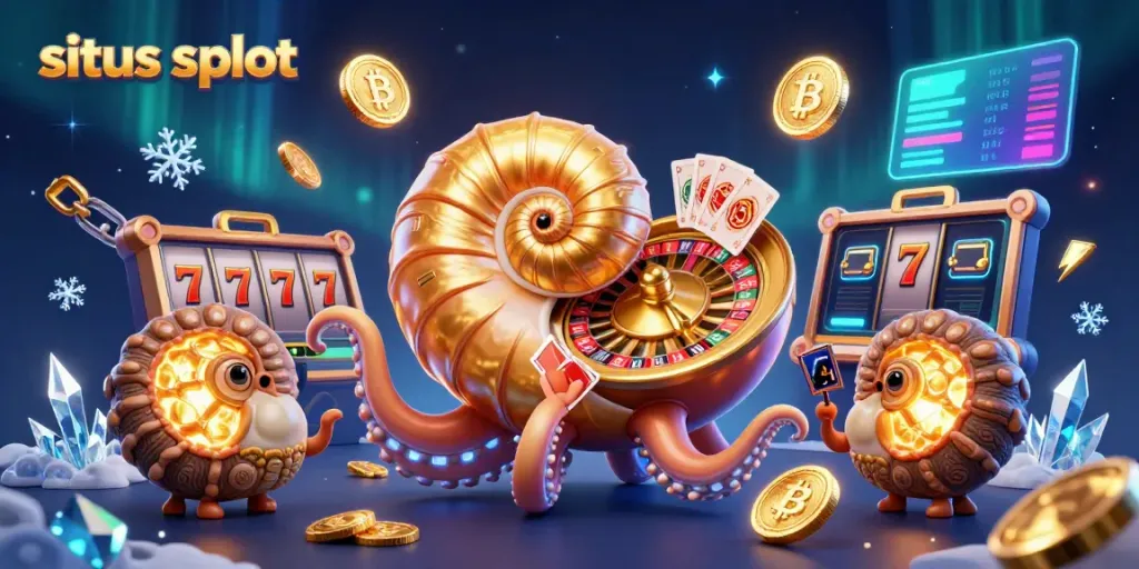 Engage with situs slot illustration featuring a nautilus roulette with vibrant gambling elements and crypto visualizations.