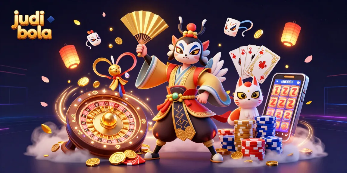 Explore judi bola strategies with vibrant 3D characters amidst gold coins and casino elements.