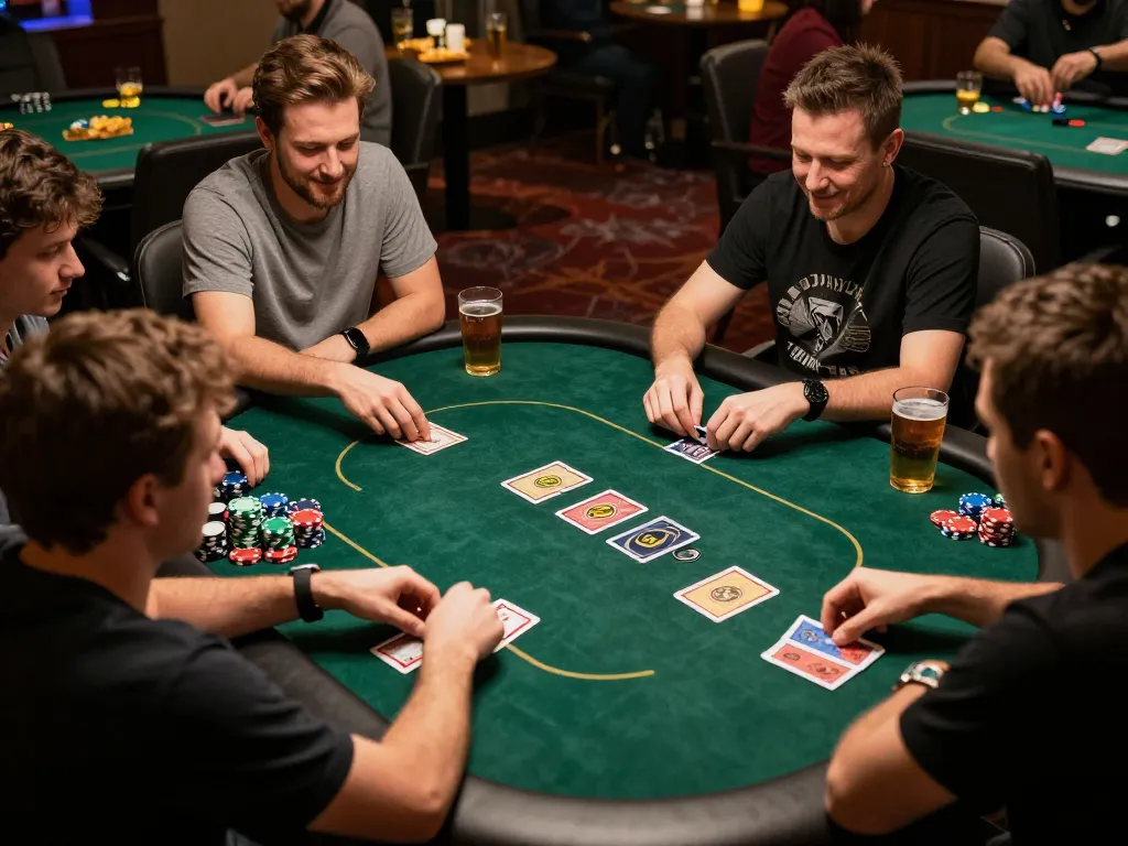 Engaging scene of friends playing poker at home, highlighting Đăng nhập Luckywin for online tournament excitement.