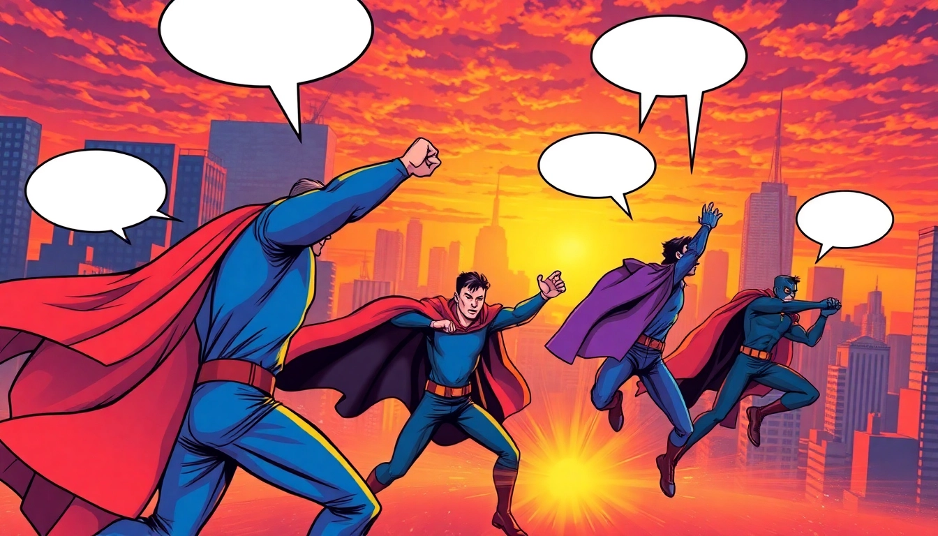 Menggambarkan superhero beraksi dalam backomik dengan suasana kota latar belakang yang cerah.
