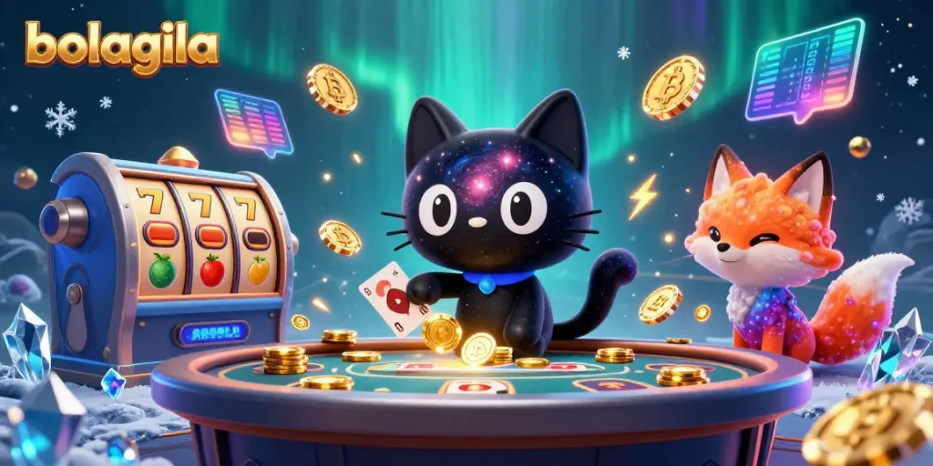 Bolagila mengumpulkan chip emas dan kartu di meja kasino yang megah, menciptakan suasana main yang energik.