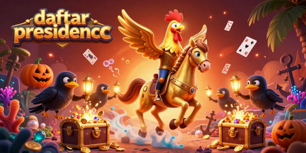 Engage with daftar presidencc as a golden rooster rides through a vibrant casino filled with treasures and game elements.