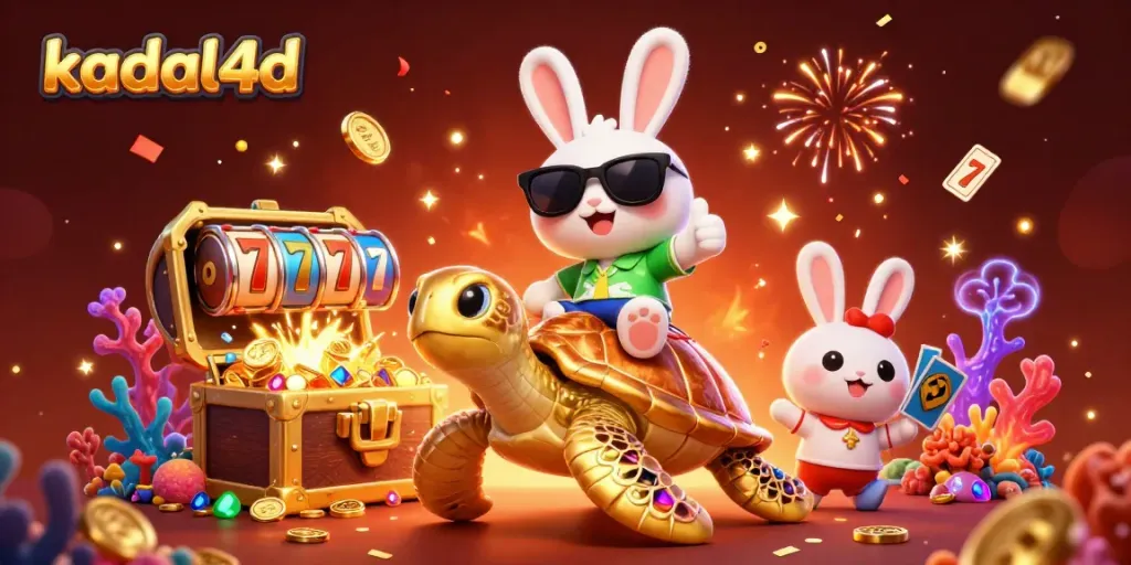 Experience the thrill of kadal4d with an animated scene of a lucky rabbit and sea turtle surrounded by vibrant casino elements.
