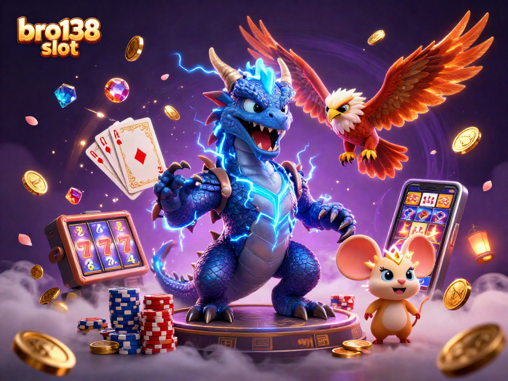 Experience the thrill of the bro138 slot with vibrant 3D characters, spinning reels, and dynamic casino elements.