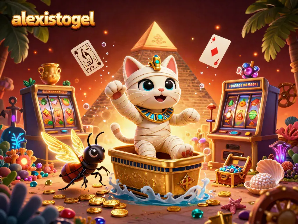 Ilustrasi kasino 3D yang memikat menampilkan alexistogel dengan simbol keberuntungan mengelilingi karakter unik.