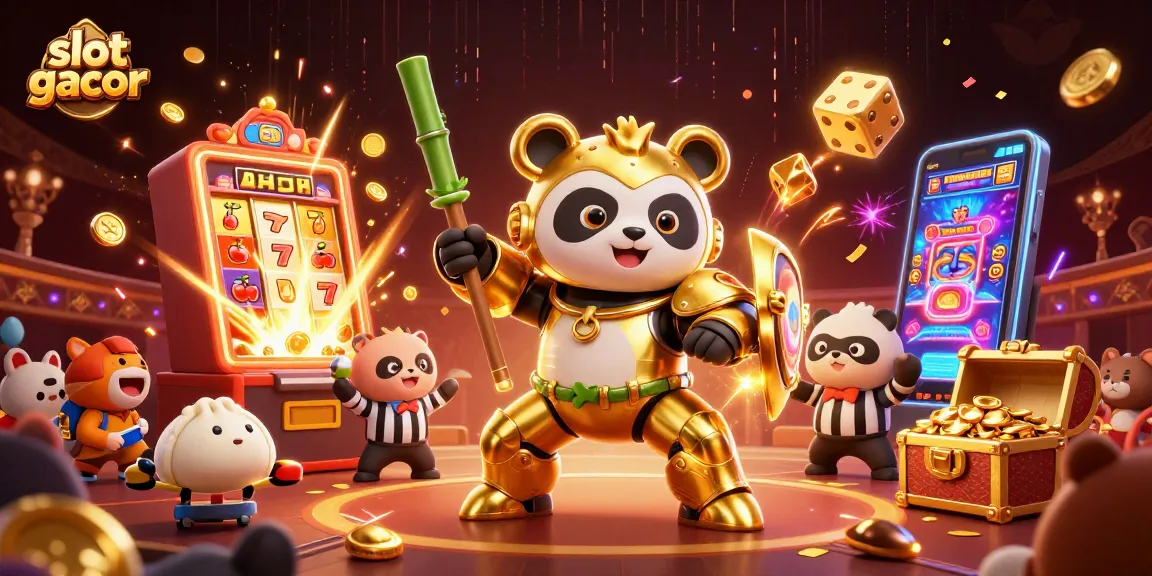 Slot gacor mengungkap jackpot dengan panda emas dan elemen kasino yang meriah.