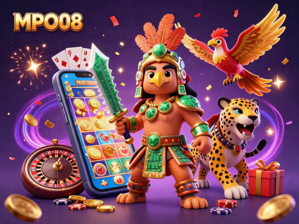 MPO08 features a vibrant scene with Aztec warriors celebrating casino victories with slot games and festive elements.