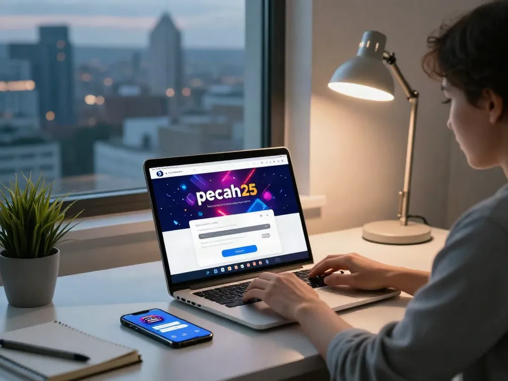Login pecah25 di laptop dengan tampilan modern dan suasana kantor minimalis.
