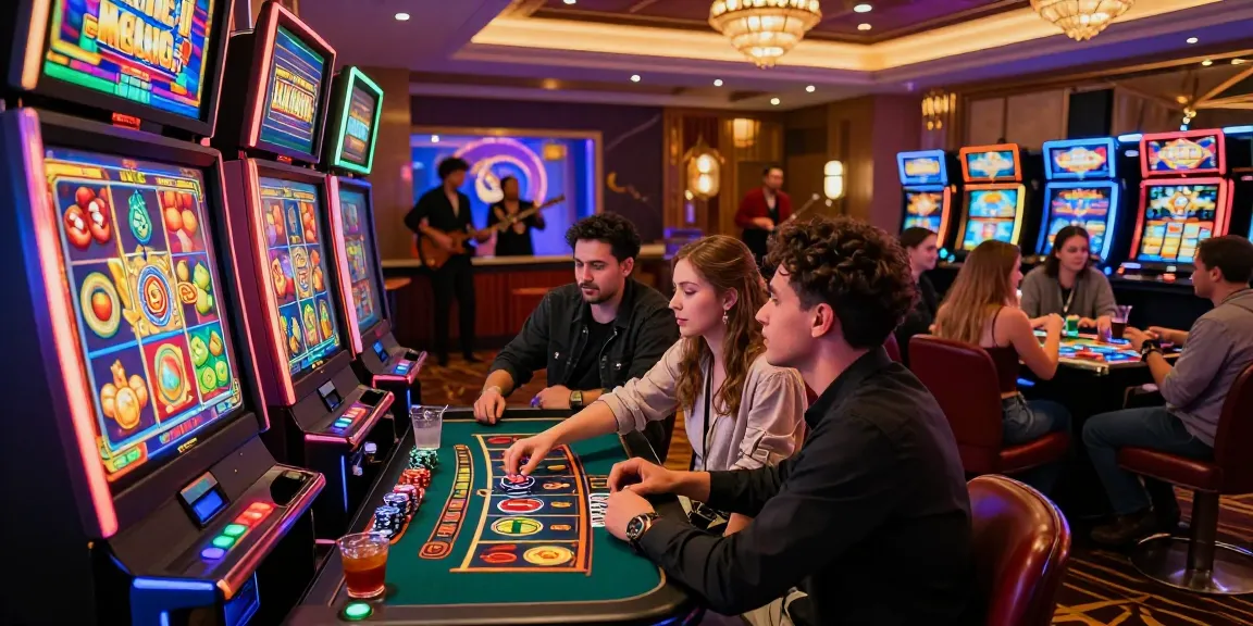 Exciting gambling scene at a casino highlighting situs slot with friends enjoying gaming strategies amidst colorful slot machine reels.