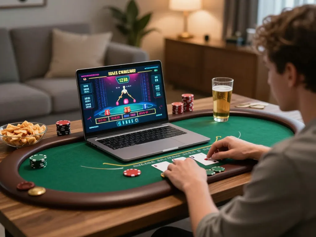 Engaged user playing live dealer blackjack game on 123B, focused on the screen with snacks nearby