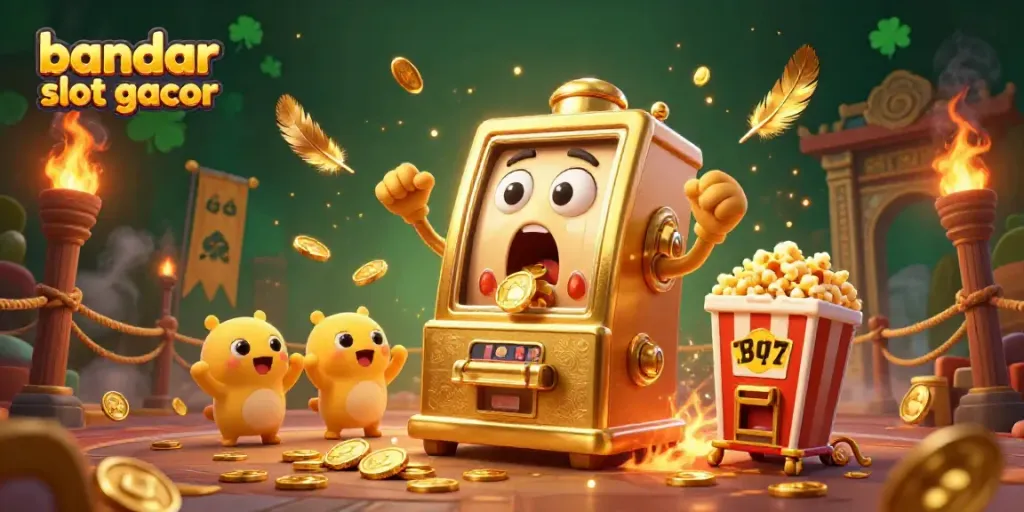 Gamer menghadapi jackpot di bandar slot gacor dengan mesin slot emas dan kerumunan mesin kecil bersorak.