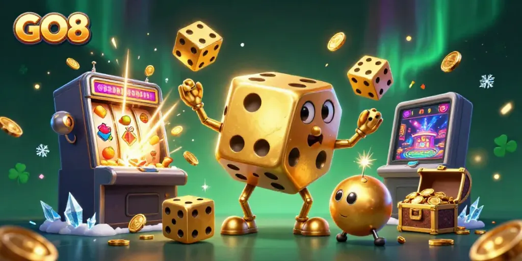 Enhance your gaming experience with GO8 showcased in a dynamic casino illustration featuring golden dice and jackpots.
