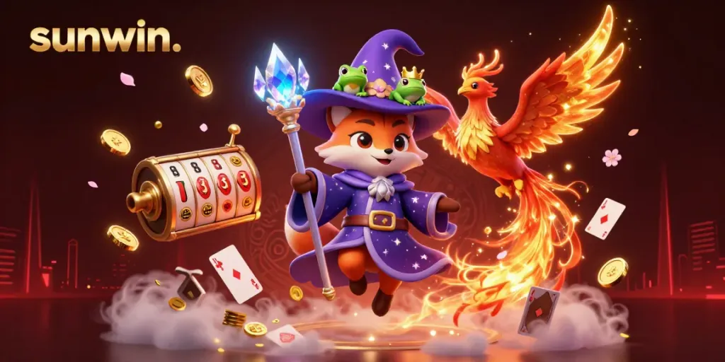 Experience the excitement of sunwin. in a magical casino adventure featuring a wizard fox and phoenix.