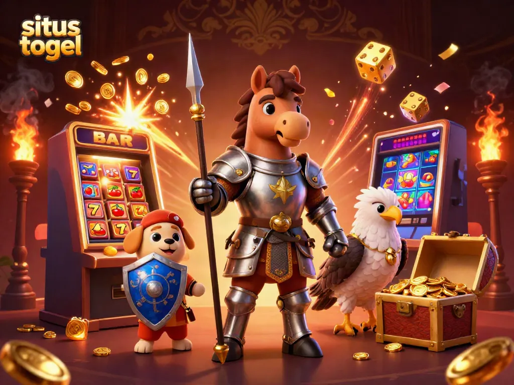 Situs togel action scene with a medieval knight, a squire puppy, and a falcon amid casino game elements.