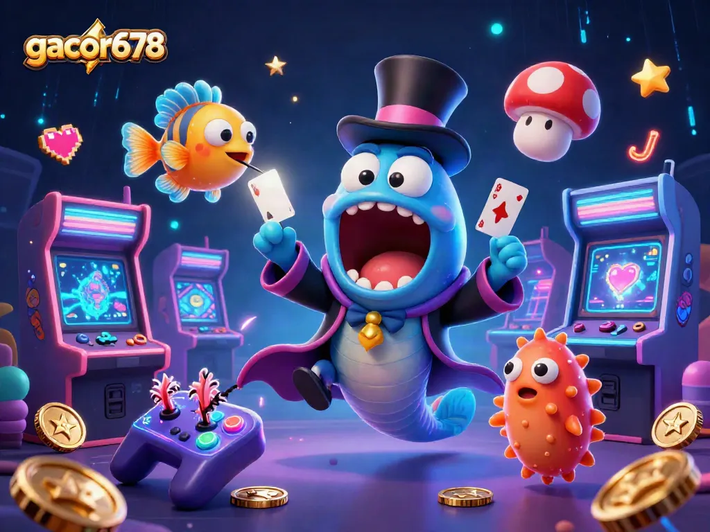 Experience spectacular magic tricks with gacor678's casino-themed illustration featuring vibrant characters.