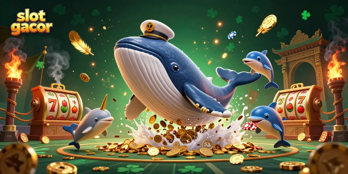 Experience slot gacor action with a lively 3D casino scene, featuring playful dolphins and a giant whale.
