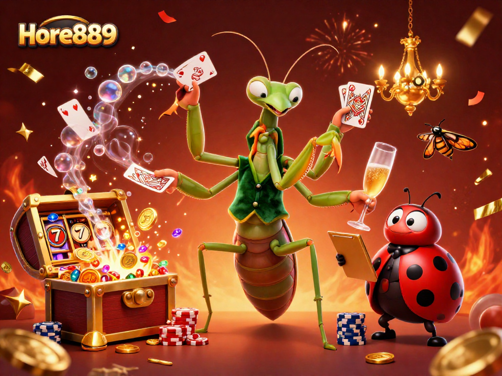 Experience exciting gameplay at Hore889 with a vibrant illustration showcasing slots and festive casino elements.