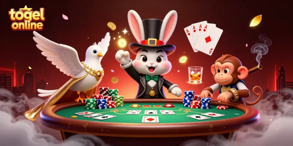 Menangkan togel online dengan ilustrasi magis kelinci, burung merak, dan monyet yang mencuri chip poker.