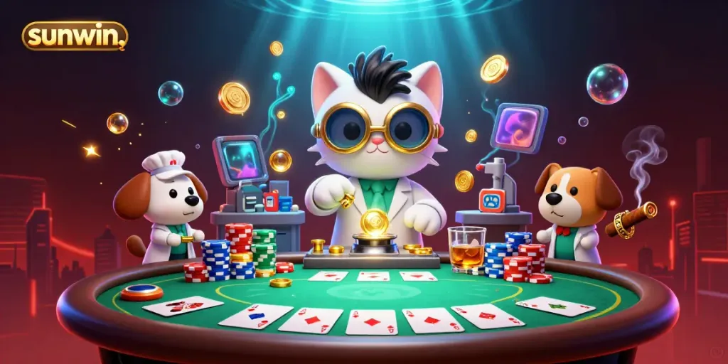 Experience the dynamic world of sunwin. with a cat scientist and dog assistant amid poker chaos.