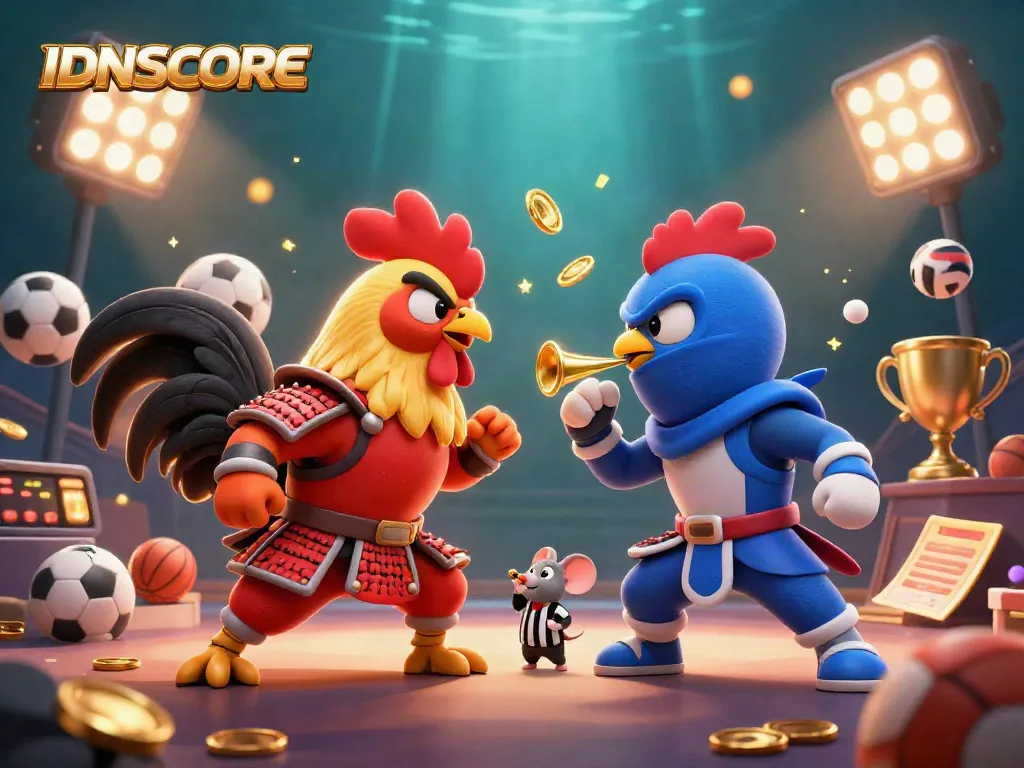 IDNSCORE showcases an exciting betting scene with 3D cartoon fighting roosters and sports elements.