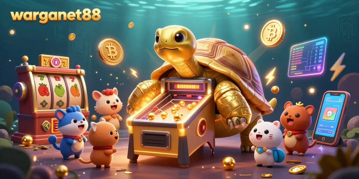 Play exciting slot games at warganet88 with a playful golden tortoise and vibrant crypto elements.