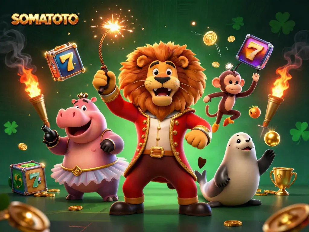 Engage with SOMATOTO's vibrant gaming scene featuring a playful circus atmosphere and slot elements.