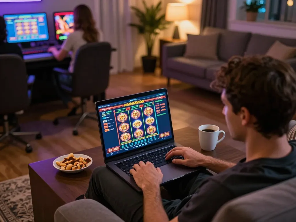 LIGA2000 online slot game displayed on a laptop, person engaged in strategic gameplay in a cozy home setting.