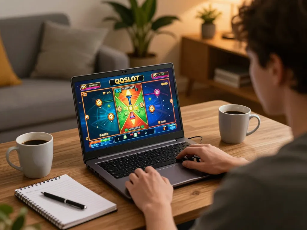 Experience QQSLOT Link Alternatif while evaluating strategies in a cozy home gaming setup.