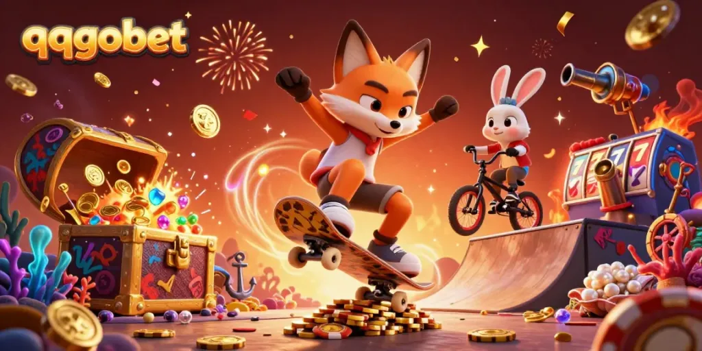 qqgobet saat bermain slot dengan karakter kartun di suatu kasino digital yang berwarna-warni.