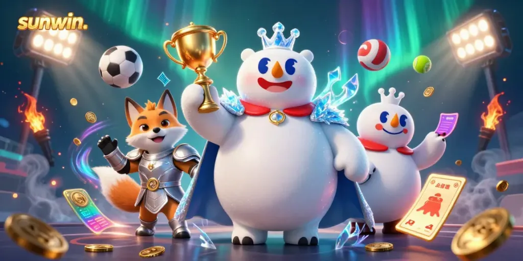 Experience the thrill of betting with sunwin. in this vibrant casino scene featuring characters and dynamic sports elements.
