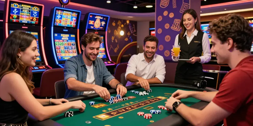 Friends enjoying Seribu Toto gaming table in vibrant casino atmosphere.