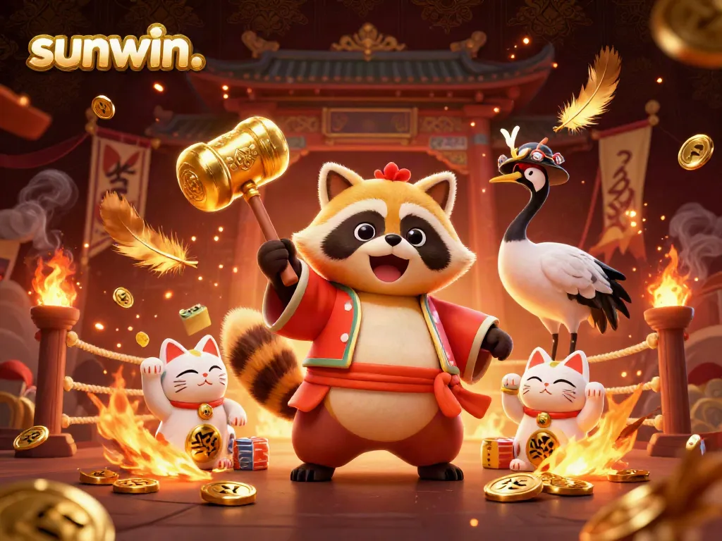 Experience the vibrant world of sunwin. where a 3D tanuki holds a lucky mallet amidst colorful fortune cats.