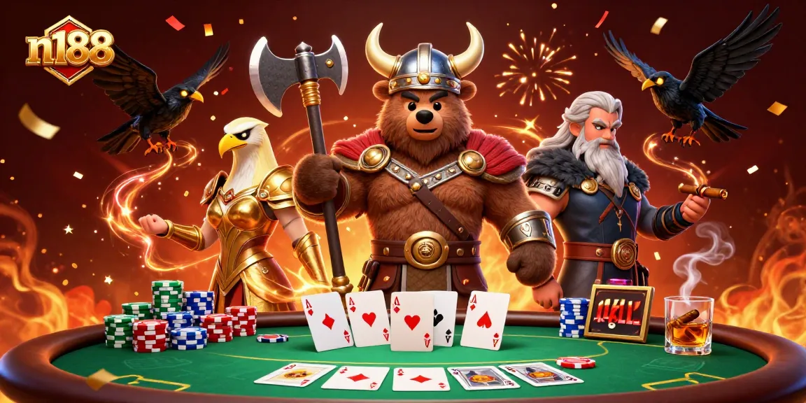 Experience thrilling action with n188, featuring a Viking bear and Valkyrie eagle at a lively poker table.
