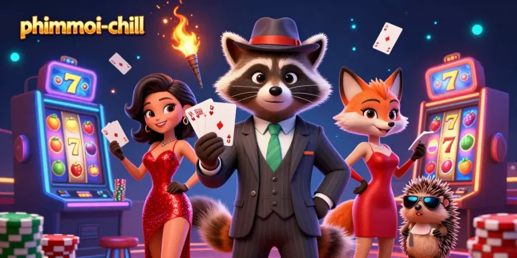 Engage in thrilling gameplay at phimmoi-chill, featuring a suave raccoon and lively casino elements.