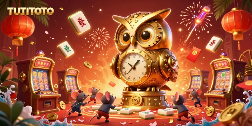 TUTITOTO's vibrant online casino illustrated scene with a golden owl and tiny mice exploring slot machines.