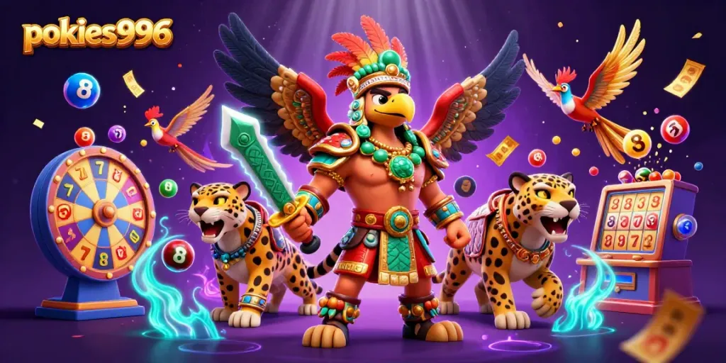 Experience the thrill of pokies996 with dynamic slot reels and an energetic Aztec scene.