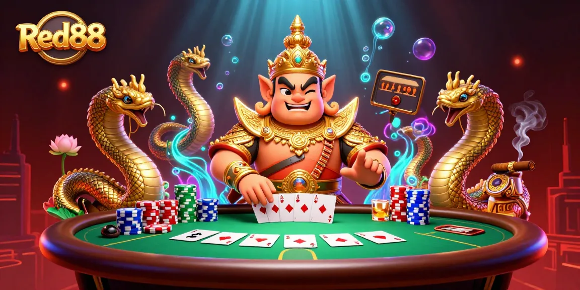 Experience Red88's captivating casino atmosphere featuring vibrant poker action and intricate game details.