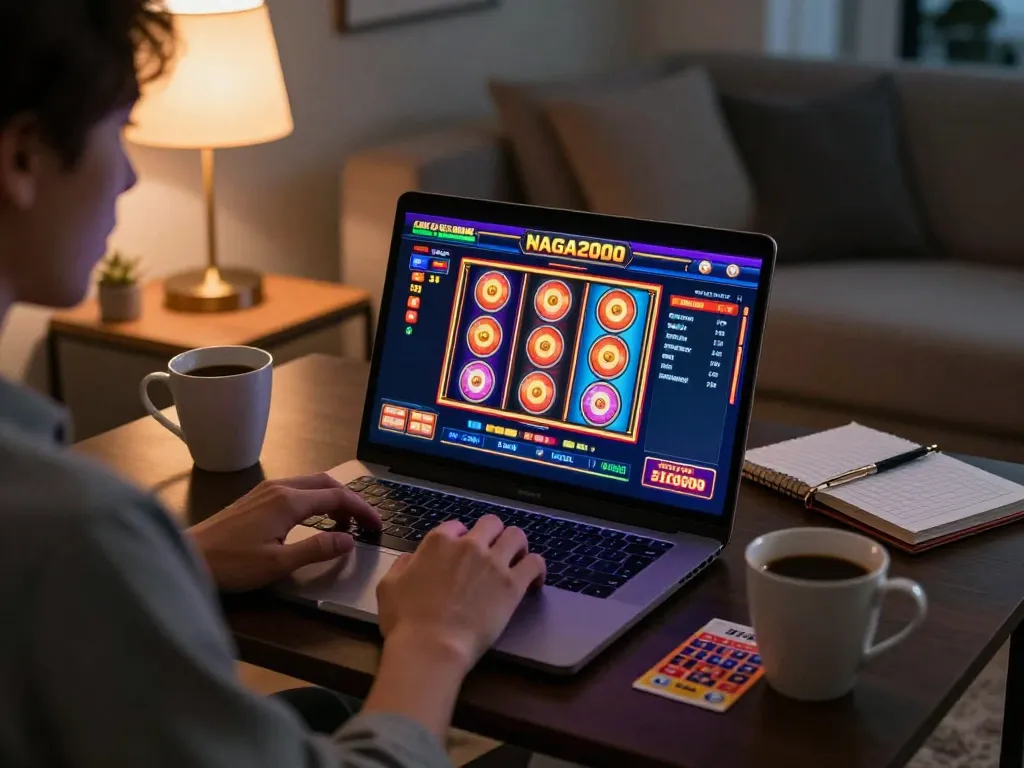 NAGA2000 online casino gameplay excitedly unfolding on a laptop in a cozy living room.