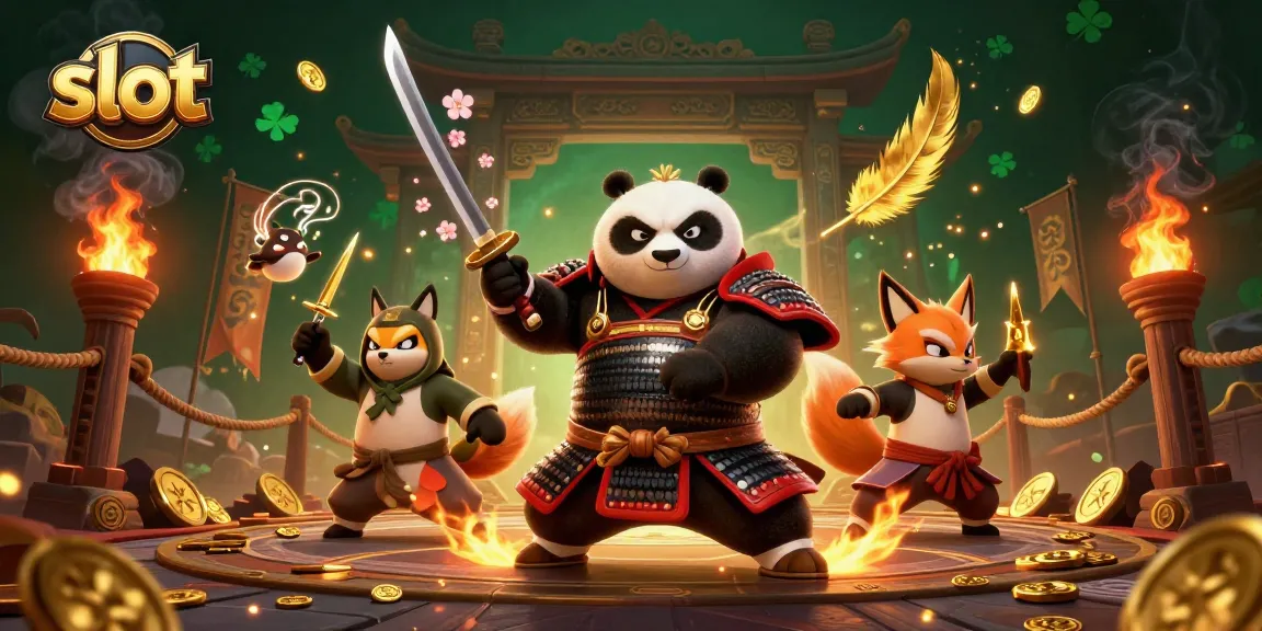 Engage with the thrilling slot world, featuring a samurai panda and ninja fox in an energetic casino scene.