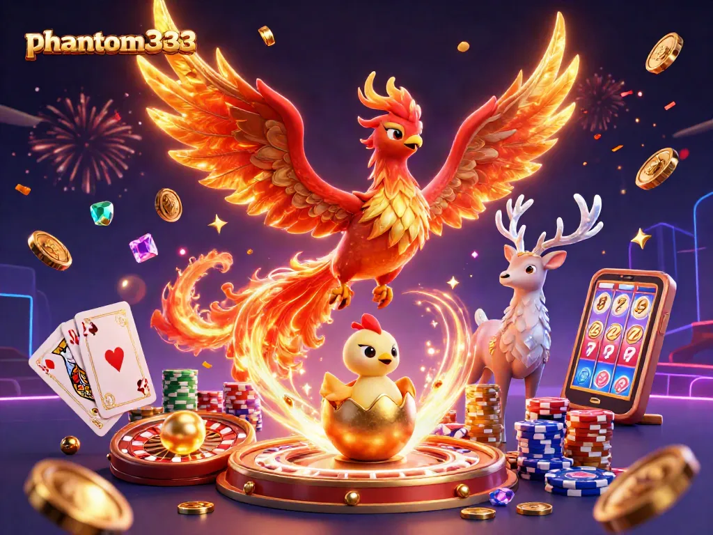 Experience excitement with phantom333 as the phoenix soars over a lively casino scene.