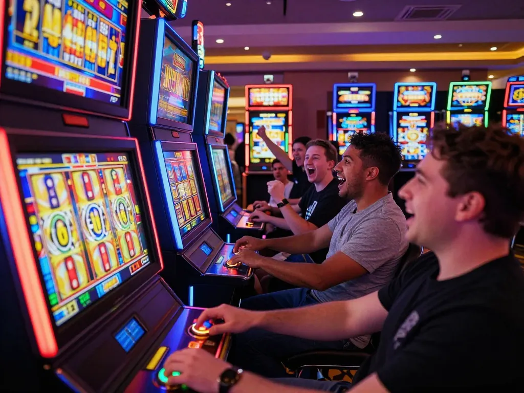 Excited players at vibrant slot machines celebrating wins, showcasing slot gacor gampang menang opportunities