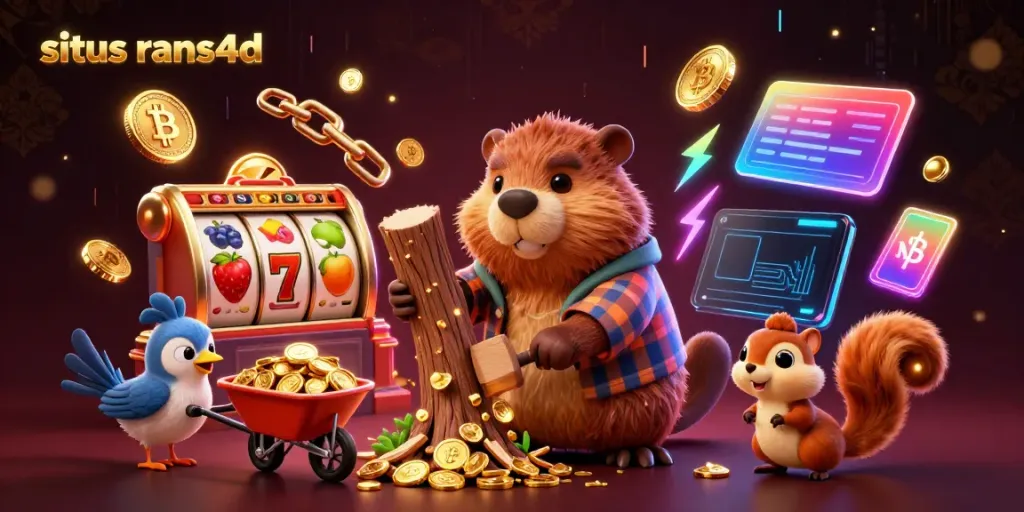 Permainan seru situs rans4d dengan karakter lucu mengumpulkan koin dari slot yang penuh warna.