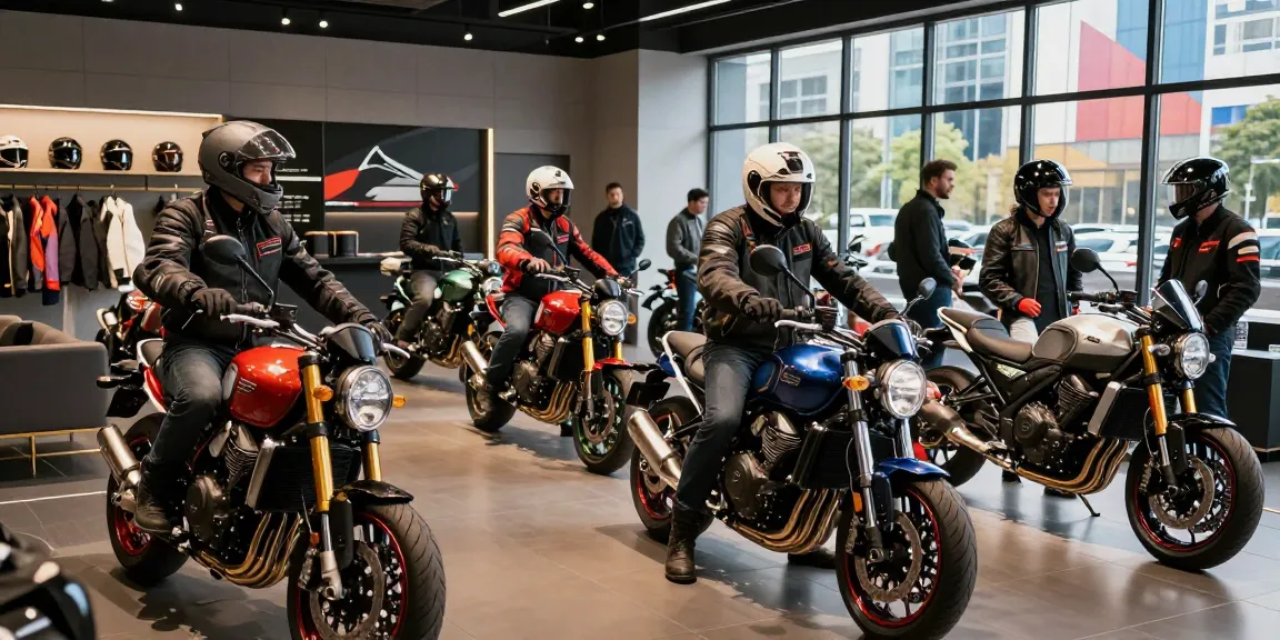 Pengunjung sedang melihat koleksi motor mewah di showroom LUXURY777 dengan suasana yang elegan.