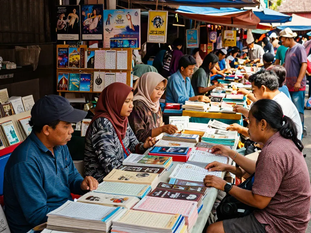 Suasana pasar tradisional dengan orang-orang mencari buku dan tiket undian bukumimpi138 daftar.